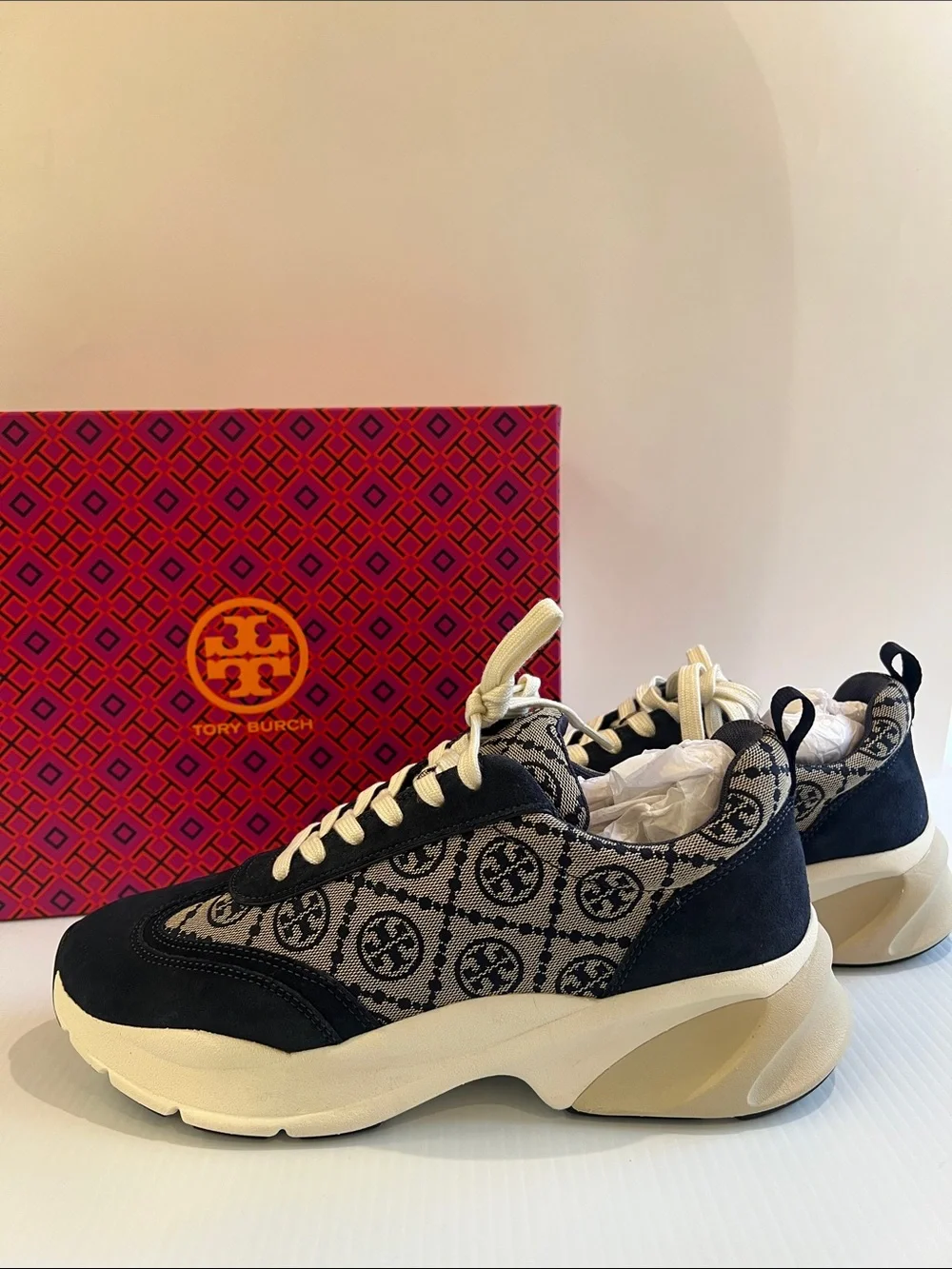 New Tory Burch Women’s Navy Blue and Cream Logo Sneakers in Size 11